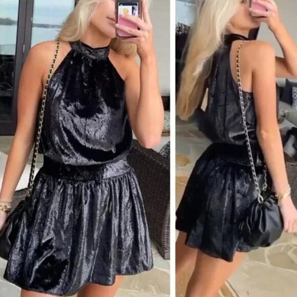 Ramy Brook Ellin Mini Dress Velvet Halter Sleeveless Smocked Metallic Shimmer - Picture 1 of 12